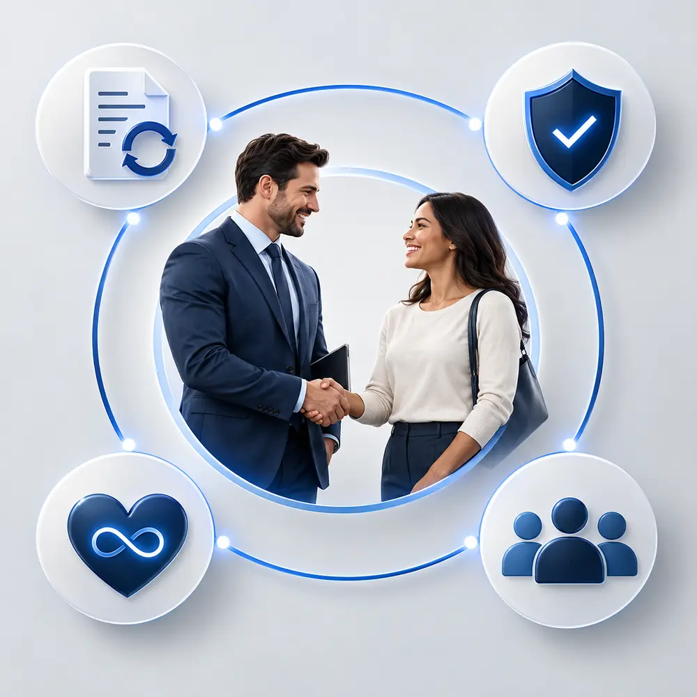 A visual representation of renewals, protection, loyalty, and referrals surrounding a trusted customer relationship